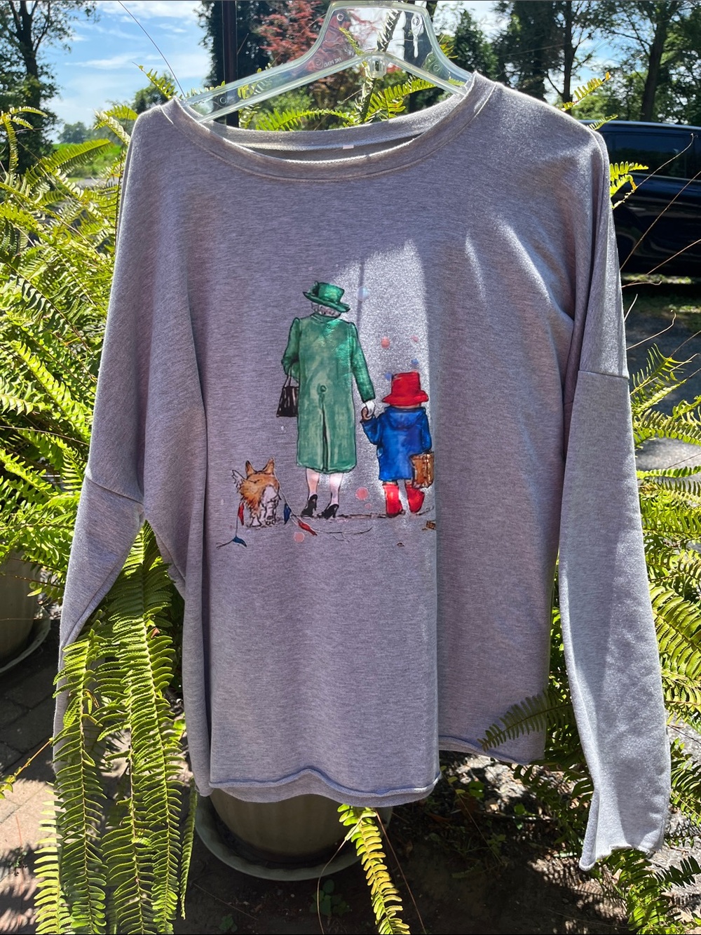 Gray Sweatshirt with Illustrated QE2, Corgi and Paddington Bear